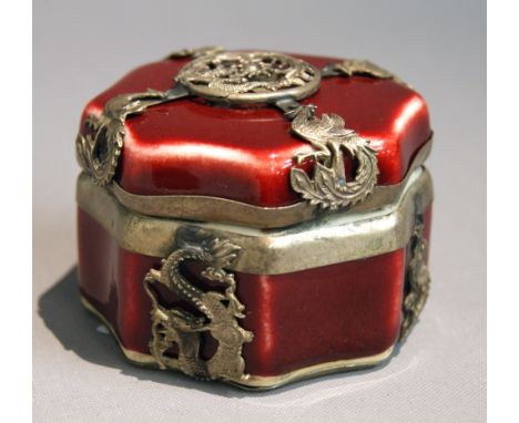 Octagonal ceramic trinket box and cover with ornate Chinese marked white metal embellishments
