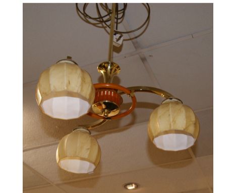 A mid-20th Century ceiling light fitting, gilt brass, with three coloured glass shades CONDITION REPORT; Approximately 70 cm 