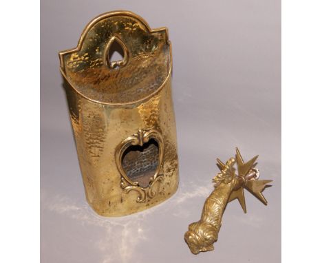 A late Victorian hammered, polished and relief decorated brass wall pocket together with a Maltese cast brass door knocker  C