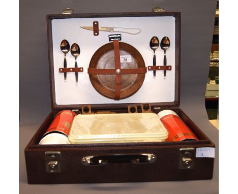 1970's Picnic Hamper by Sirram, contents include Brexton, Thermos etc.  CONDITION REPORT; approximately 12 cm high x 28.5 cm 