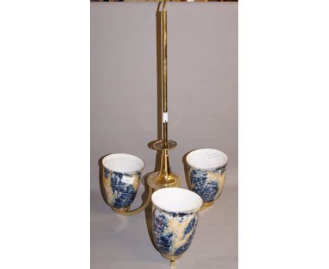 A mid-20th Century ceiling light fitting, gilt brass, with three coloured glass shades CONDITION REPORT; Approximately 63 cm 