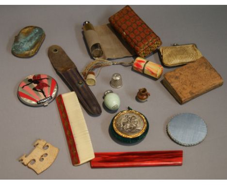 Ladies' accoutrements, to include a compact, perfume bottles, thimbles, an ivory dance book etc.