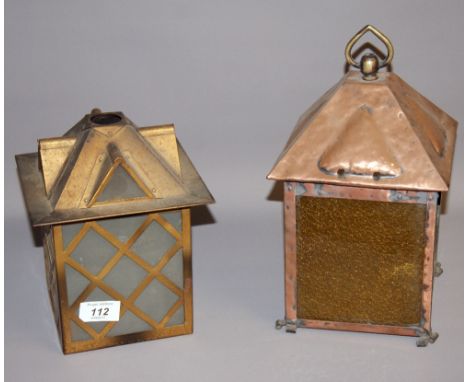 Hammered copper and coloured glass lantern style light shade, together with another CONDITION REPORT; Approximately 30 cm tal