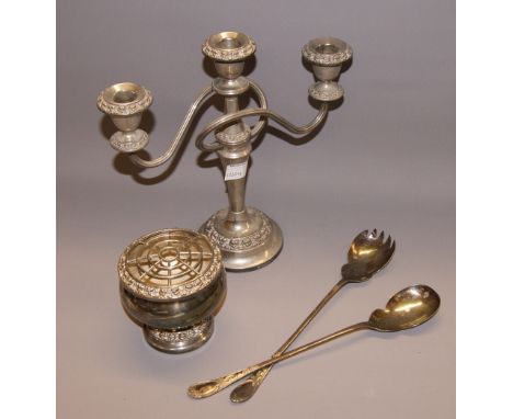 Assorted flatware with plated candelabra and rose bowl  CONDITION REPORT; approximately 28 cm high