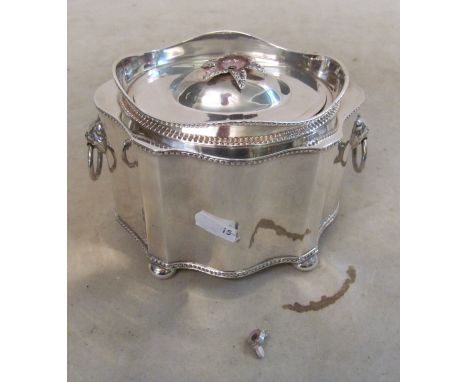 A silver-plated tea caddy on ball feet and lions head ring handles