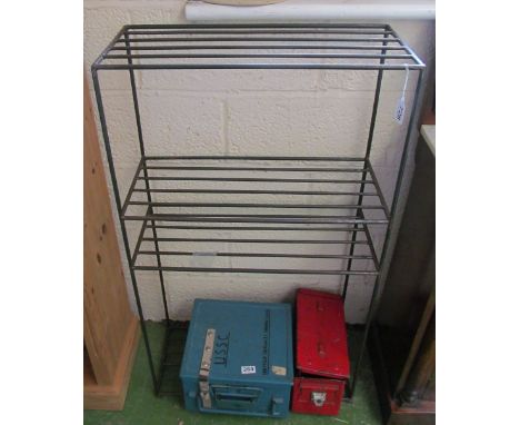 A handmade freestanding steel framed shelf unit 43" high