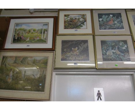 Shirley Deaville - six signed prints birds, watercolour village scene and a print horse