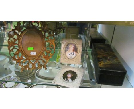 A lacquer box with Oriental scene, two modern prints ladies and a photograph Victorian lady in gilt frame