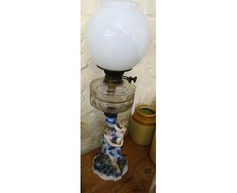 A Victorian porcelain and brass double wick oil lamp with women and child to base
