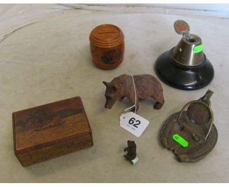 A treen moneybox, carved bear (a/f), miniature treen bear, puzzle box, watch holder and shell inkwell