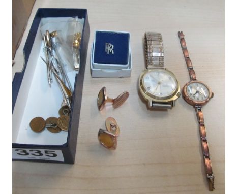A ladies rose gold watch, Leovo gent's watch, cufflinks and tie clips