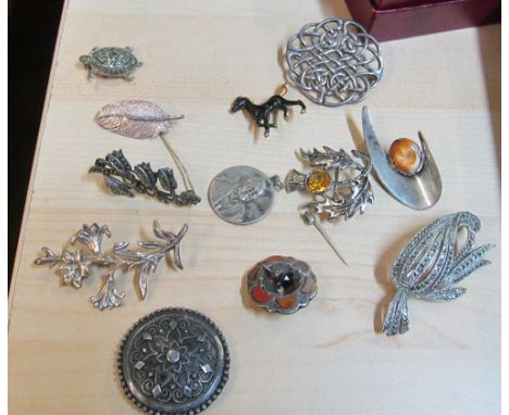 A marcasite tortoise, two brooches, horse brooch, Celtic brooch and other brooches