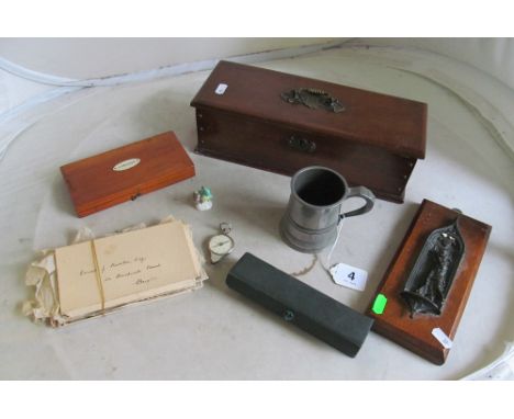 A mounted knocker, glove box, silk cards, pewter mug et cetera