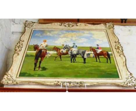 R. Harvey oil on canvas racing horses and jockeys getting ready for race