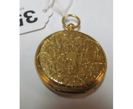A yellow metal fob watch marked 18k, with engine turned engraved dial with second hand movement with surround of scrolls, ins