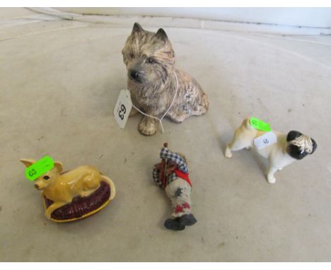 A Beswick Pug dog, Beswick Chihuahua on cushion, a SylvaC dog and a Steiff Mecki Hedgehog with violin felt trousers (a/f)