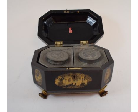 A lacquered tea caddy, containing two pewter tea caddies, 20.5 cm wide Condition report Report by GHGeneral wear and loss to 