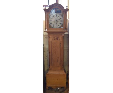 A longcase clock, the 30 cm arch square painted dial with Roman numerals, subsidiary seconds dial and calendar aperture, the 