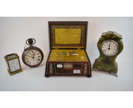 A rosewood workbox, 27.5 cm wide, a novelty timepiece, in the form of a pocket watch, 21 cm high, a carriage clock, in a four