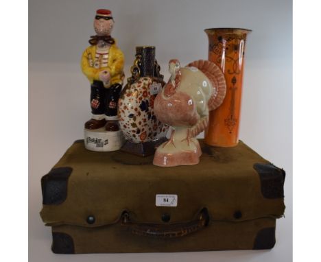 A Rye pottery turkey, other ceramics, glass, a green leather travelling case, a picnic set, in a wicker hamper, and other ite