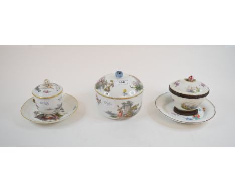 A Meissen plate, painted figures, with a gilt rim, 13.5 cm diameter, a Continental porcelain jar and cover, with painted deco