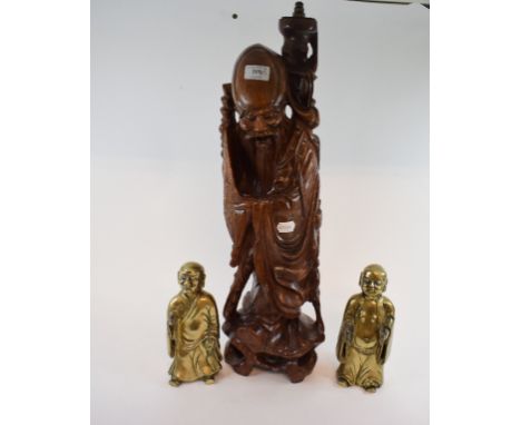 A Chinese carved wood figure, of a Sage, converted into a lamp, 65 cm high (excluding fitment), and a pair of Chinese brass f