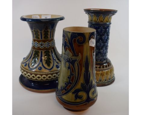 A Doulton Lambeth lamp base, 28.5 cm high, and two similar items (3) Condition report Report by GHOne large and one small rim