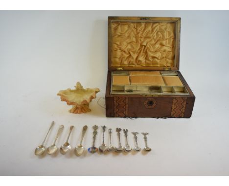 Assorted silver coloured metal spoons, other silver, an inlaid work box, a Royal Worcester shell dish and other items (box)