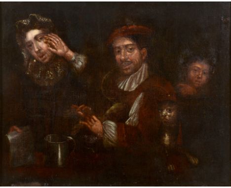 Continental school, 17th/18th century, a musician playing a bagpipe instrument, with a lady, cat and child, oil on canvas, 78