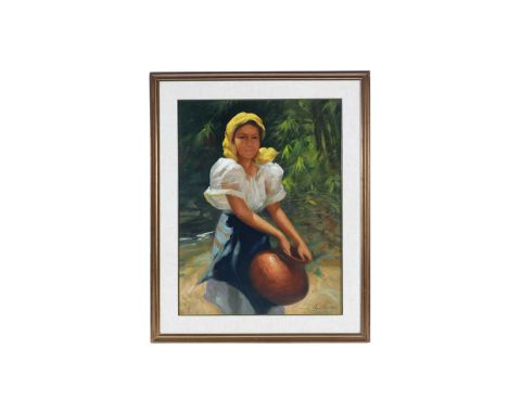 20th Century Continental Portrait of a young lady gathering water,indistinctly signed and dated '86,oil on canvas,58.5 x 44.5