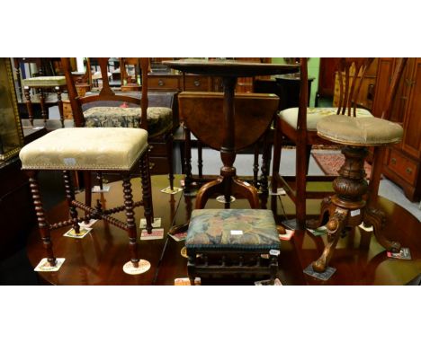 An adjustable piano stool, a bobbin turned piano stool and a footstool