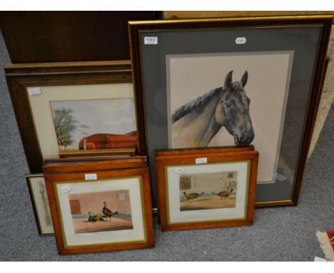 A set of four cock fighting engravings after Henry Alken; pastel study of a horse ''Kizzy'', signed and dated; print of a rac