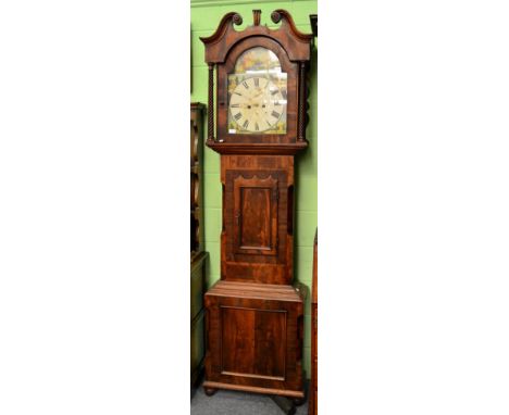 An eight day mahogany longcase clock, painted arch dial signed W. Helliwell, Leeds, circa 1830