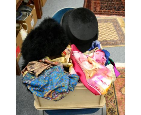 A quantity of textiles including silk scarves, ostrich feather stole, 1930's/40's crocodile skin handbag, moleskin top hat by