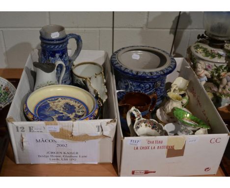 A group of ceramics to include German stoneware; Royal Worcester jug; Chameleon Ware shallow bowl; twin handled frog mug etc 