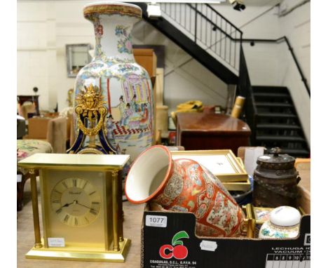 A modern pottery clock; a Victoria & Albert ''Mane Antoinette Clock''; a Spode carriage clock; a Churchill modern pillar cloc