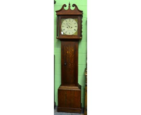 An oak thirty hour longcase clock, square white painted dial signed Passmore, Southmolton