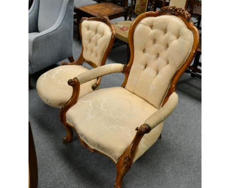 A Victorian button backed open armchair together with a similar nursing chair 