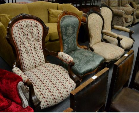 A Victorian nursing chair together with a gents button back open armchair 