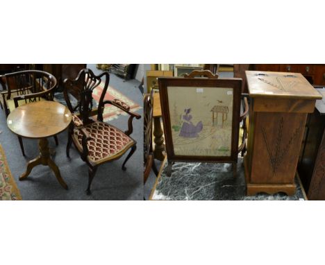 An armchair, a tripod table, a fire screen and a carved wheatsheaf bin    