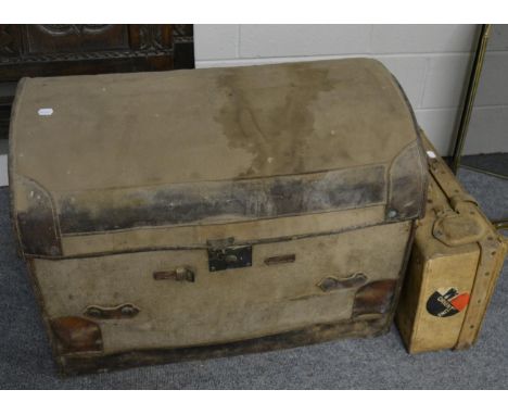 A canvas bound dome topped trunk by Hill & Millard Ltd, London, Military Outfitter & Trunk Maker together with a suitcase (2)