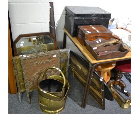A telescope, fire screens, two coal scuttles, tin trunk, writing slope, mirrors, cutlery tray etc  