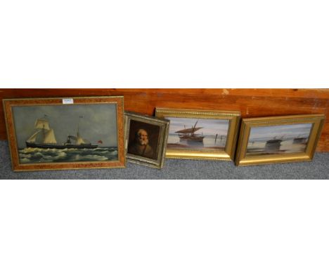 20th century school, shipping scene, oil on panel; together with two further coastal oils and a portrait of an elderly man, o