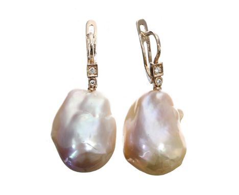 Attractive pair of 18ct rose gold peach coloured baroque pearl and diamond drop earrings, drop 38mm approx; with box&nbsp;  