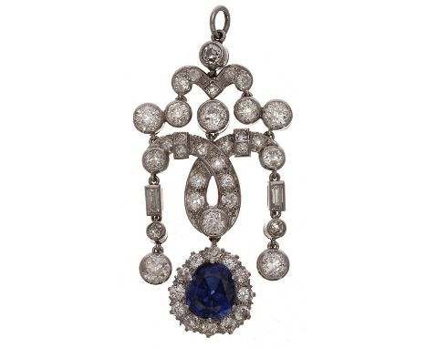 Fine and attractive white metal sapphire and diamond pendant, the sapphire of a good rich blue colour estimated 2.50ct approx