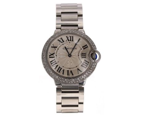 Cartier Ballon Bleu stainless steel wristwatch, reference no. 3005, serial no. 56013xxx, silvered dial with guilloche centre,