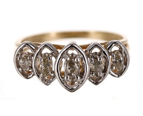 Yellow gold marquise shaped five stone diamond ring, marked '10K', width 8mm, 2.2gm, ring size J (626) 