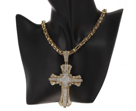 Large 18ct diamond set cross pendant, princess-cuts, 50.4gm, 95mm, 55mm; on a heavy 9t necklace, 117.9gm, 34" long,&nbsp;(ref