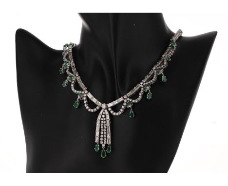 Fine and impressive white gold emerald and diamond fringe necklace, pear shaped and marquise emeralds estimated 4-4.50ct appr