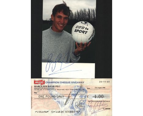 Gary Lineker signed 6x4 inch colour photo includes Gary Lineker signed on behalf of walkers Crips Champion Cheque Giveaway.  
